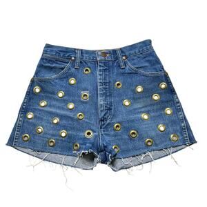 VTG Wranglers Medium Wash Jean Shorts women Sz 25 waist Mid Rise Frayed Hem